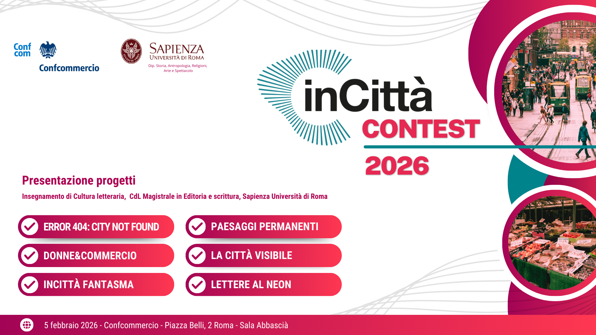 Locandina ufficiale inCittà Contest 2026: presentazione dei progetti degli studenti Sapienza con Confcommercio.