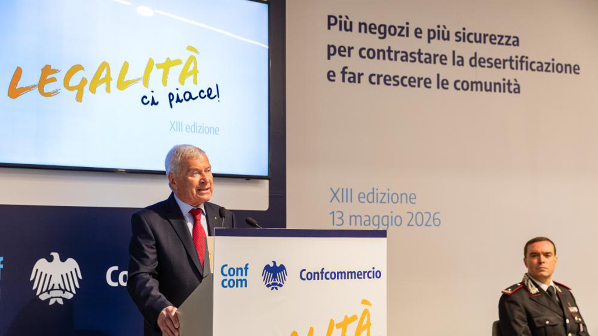 Carlo Sangalli interviene dal podio alla XIII edizione di “Legalità, ci piace!” il 13 maggio 2026